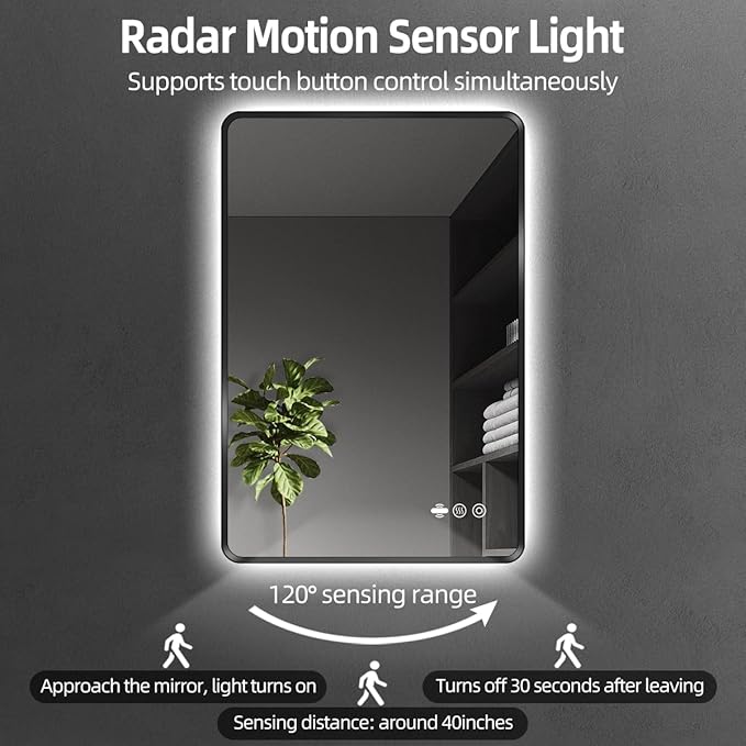 40 x 32 Black LED Bathroom Mirror, Metal Framed Rounded Corner Rectangle Backlit Mirror Bathroom, Anti-Fog, 3-Color Stepless Dimmable Lighted Mirror, Motion Sensor Lights, Memory Function