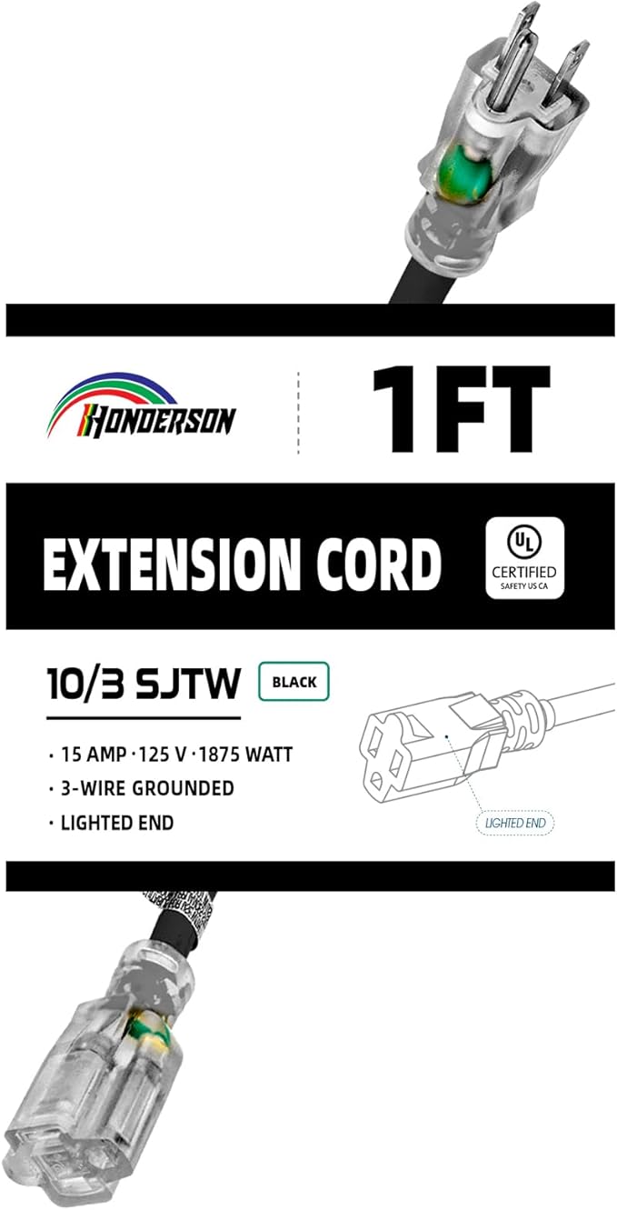 Extension Cord with Lighted End, UL Certified, 10 Gauge 1FT Black 3 Prong Heavy Duty, 10/3 SJTW 15A Power Cord for Lights, Lawn