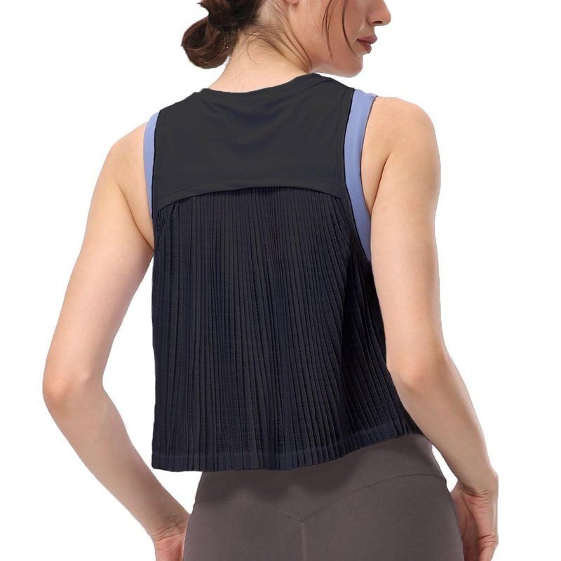 Women's Pleated Cropped Sports Tank Tops Sleeveless Running Workout Tops Active Yoga Tops Shirts(Black,8)