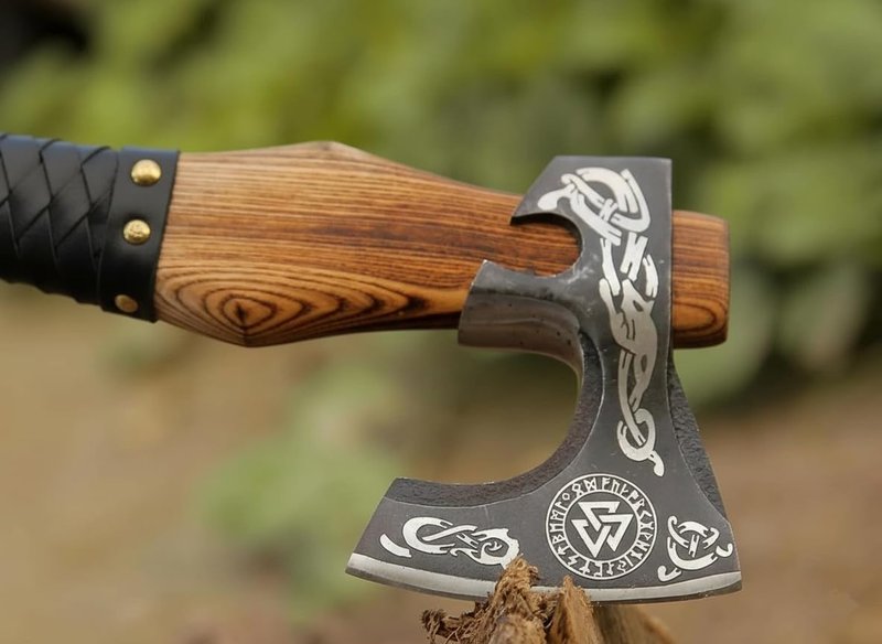 Viking Axe Ashwood Handle Handmade Carbon Steel Blade, Outdoor Camping Hunting, Norse Hatchets Axes, with Black Leather Wrapped Handle & Leather Sheath Wood Splitting Axes