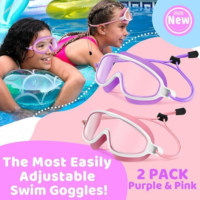 Vvinca Kids Swim Goggles - Wide View Anti-Fog UV Protection | Bungee Strap for Ages 3-14