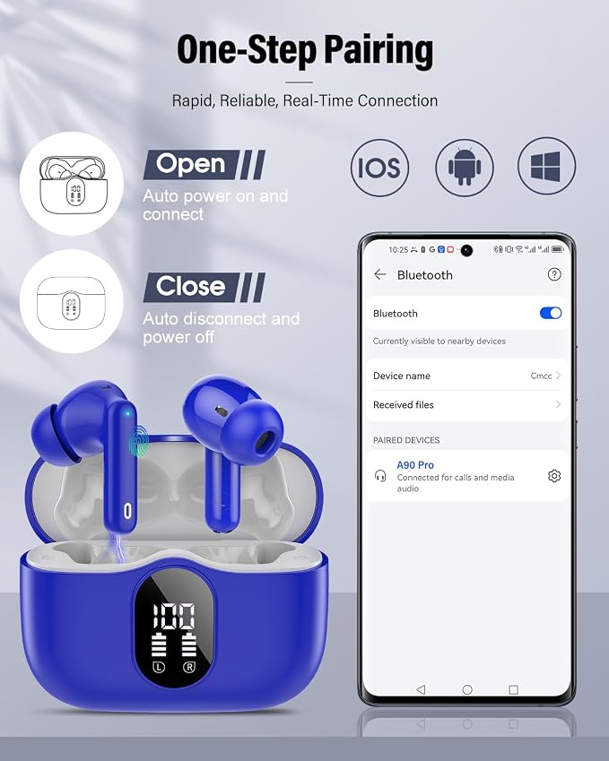Wireless Earbuds, Bluetooth 5.4 Headphones Bass Stereo/Clear Calls, Blue | Ear Buds with Noise Cancelling Mic LED Display in Ear Earphones IP7 Waterproof 36H Bluetooth Earbuds for Phones/Sport/Laptop