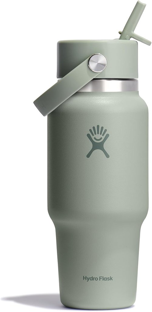 Hydro Flask Travel Water Bottle - Insulated Stainless Steel - 24 Oz Agave Green with Wide Straw Lid