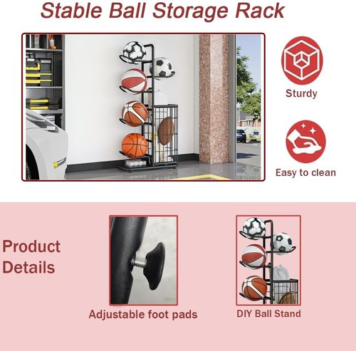 INGIORDAR Basketball Rack Organizer - 6-Tier Sports Equipment Storage Stand for Indoor/Outdoor Use | Black