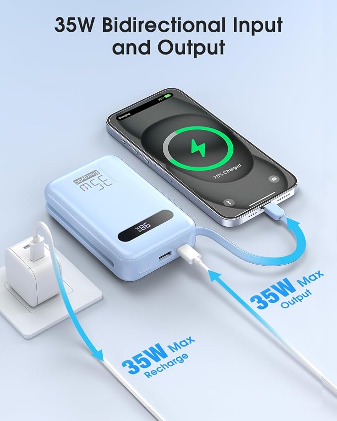 EnergyQC 20000mAh Portable Charger, 35W PD 3.0+QC 4.0 Fast Charging Power Bank with Built-in Lightning & USB-C in&Out Cables, Travel Battery Pack for iPhone 16/15/14/13, Samsung, iPad, Android, Blue