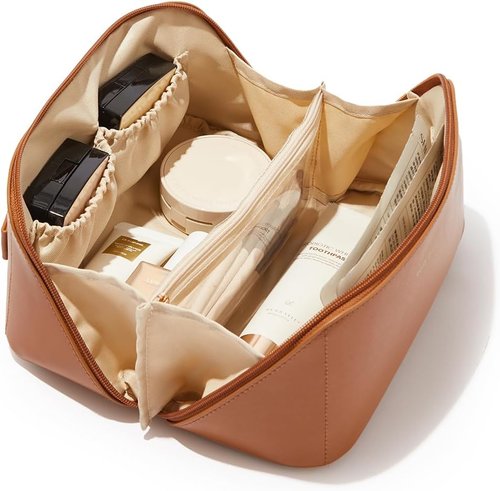 EACHY Travel Makeup Bag - Large Capacity Waterproof PU Leather Cosmetic Organizer | Flat Open Design for Skincare & Brushes