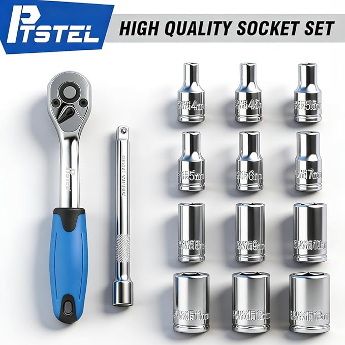 14 Pieces Socket Wrench Kit, 1/4” Drive Socket Set with 72 Teeth Release Ratchet Wrench and Extension Bar, CR-V Sockets