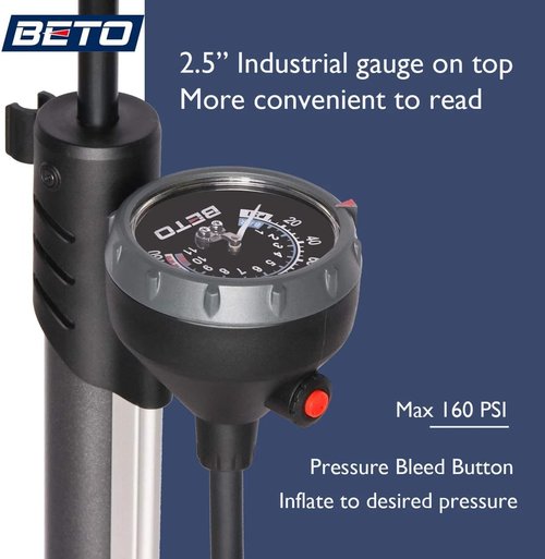 Beto Bike Pump - Portable Bicycle Floor Pump with Industrial Gauge & Air Bleed Button | 160 PSI Max