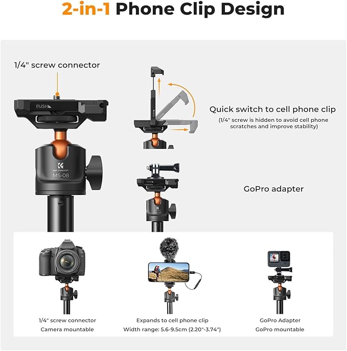 K&F CONCEPT MS08 62'' Phone Selfie Stick Tripod, 2-in-1 Extendable Cell Phone