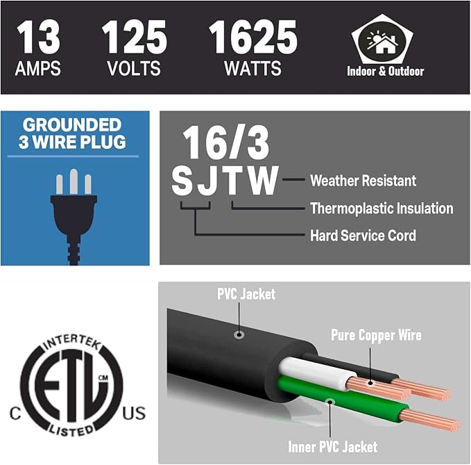 4 Pack 8ft Extension Cord Outdoor Indoor Use 16 AWG Heavy Duty Power Cord 3 Prong SJTW, NEMA 5-15P to NEMA 5-15R, Power Cable for Indoor and Outdoor Extension, ETL Listed