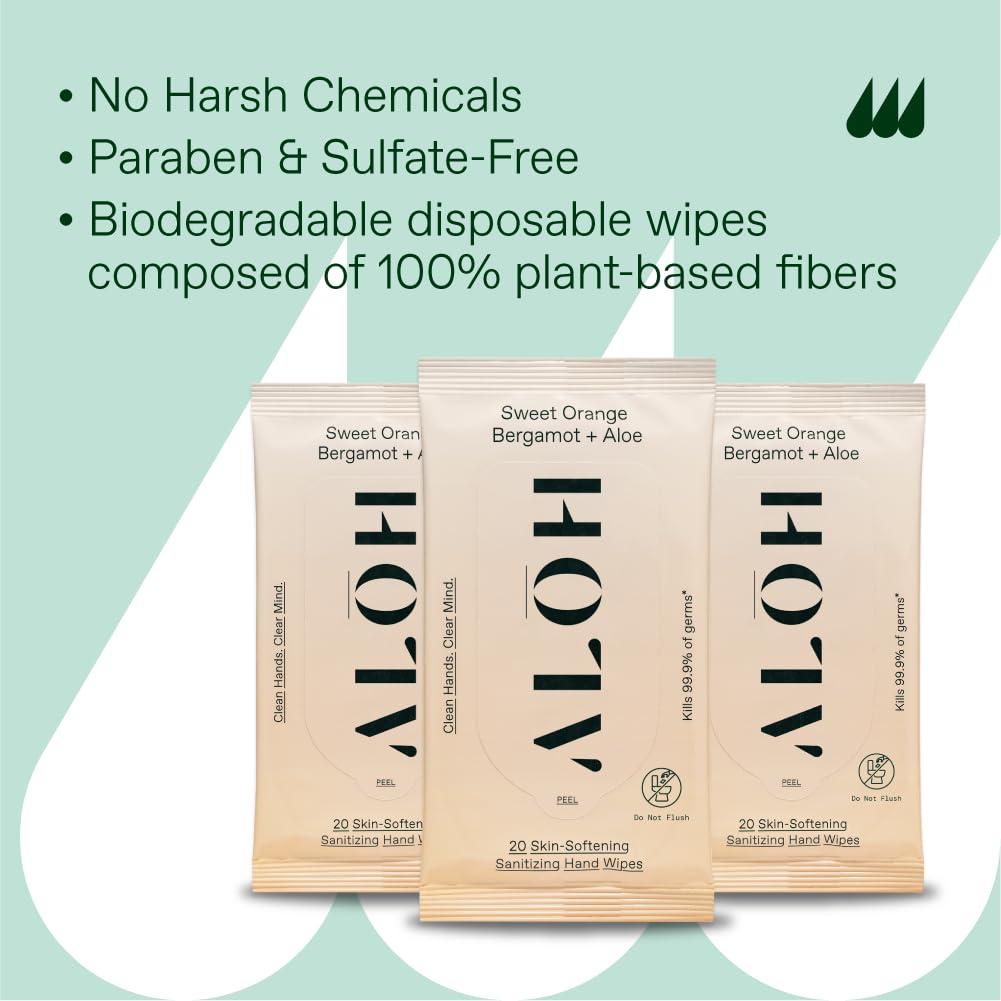 ALŌH Sweet Orange Bergamot + Aloe Sanitizing Hand Wipes - Clean Hands, Clear Mind - On The Go Hand Sanitizing Wipes for Kids and Adults - Travel Size 3 Pack 20ct Wipes (60 wipes)