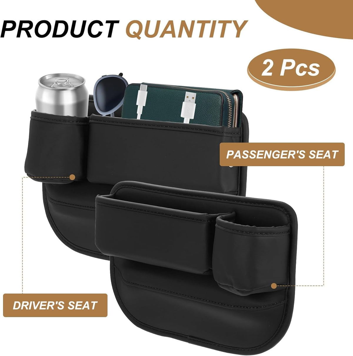 HARFINGTON 2pcs Car Seat Gap Filler Organizer 11.8 x 8.3 x 2.2 Inch PU Universal Car Organizer Storage Box Between Seat and Console (Left+Right) with Cup Holders for Phone Keys, Black