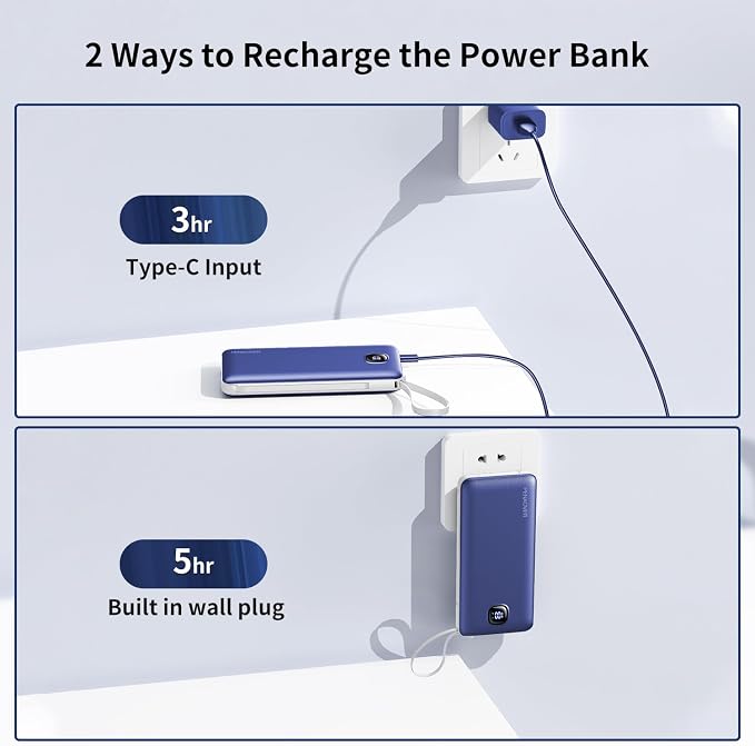 penaover Portable Charger with Built-in Cables&AC Wall Plug,Slim 10000mAh 22.5W Fast Charging Power Bank,5 Output 2 Input USB-C External Battery Pack Compatible with iPhones,Samsung,Android, etc