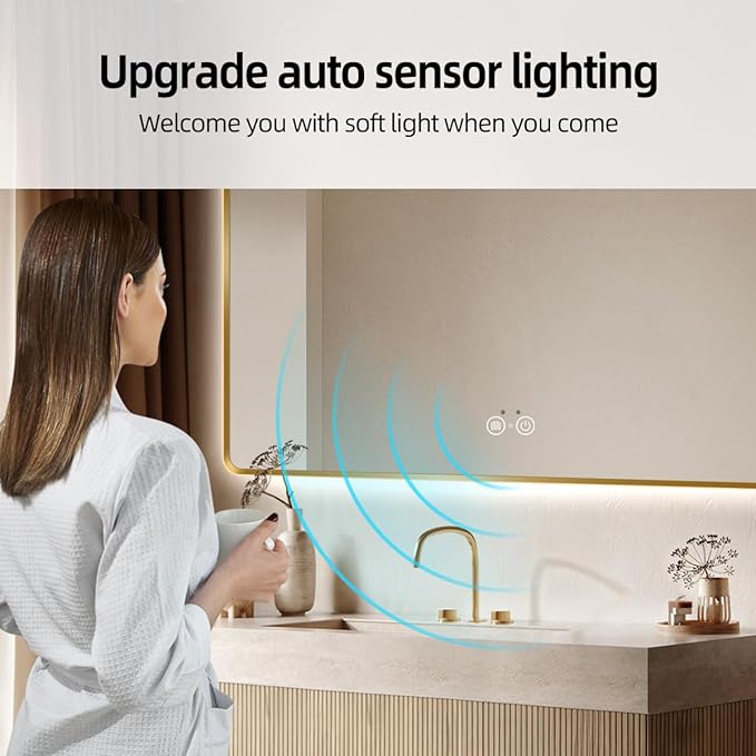 Gold LED Bathroom Mirror, 36"x72" Smart Mirror with Infrared Motion Sensor Lights, Anti Fog, Stepless Dimmable & Color Temperature Adjustment, Wall Mounted Vanity Mirror Backlit, CRI≥93
