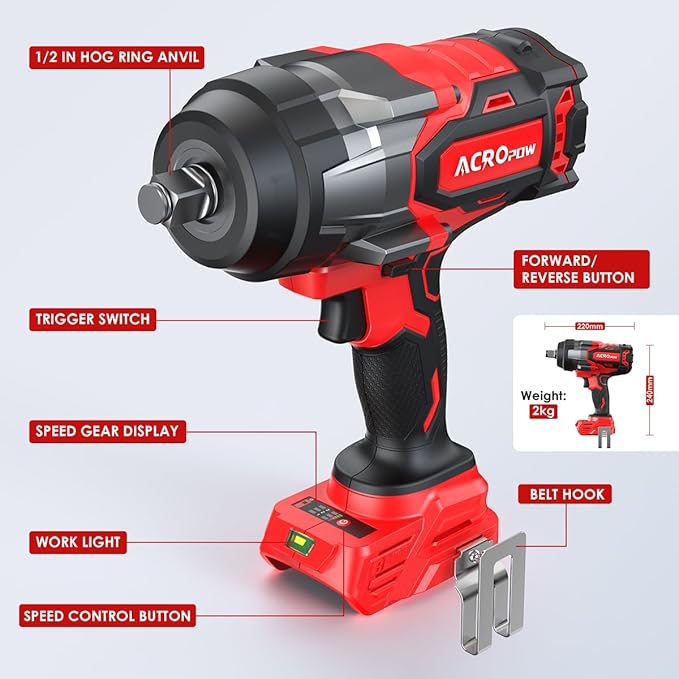 ACROPOW Cordless Impact Wrench Compatible with Milwaukee 18V Battery， 1/2” 1700FT-LBS Brushless High Torque Impact Driver, Auto-Stop Reverse, Variable Speed Heavy Duty Impact Gun(Bare Tool)