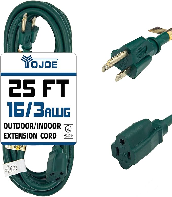 YOJOE Indoor Outdoor Extension Cord, 3 Prong 13A Weatherproof Power Cord, 16 Gauge Heavy Duty 25 ft Green Extension Cord for Garage, Garden and Home, 16/3 SJTW UL Listed