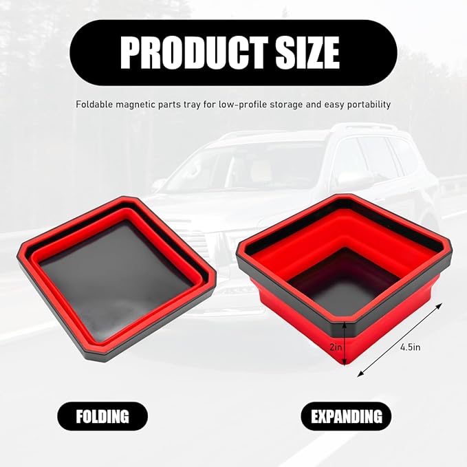 Collapsible Magnetic Parts Tray, 4.5" Square Silicone Tool Tray with Double-Sided Magnetic Base, Foldable Bowls Small Metal Parts Holder for Screws Bolts Nuts Washers (Red)