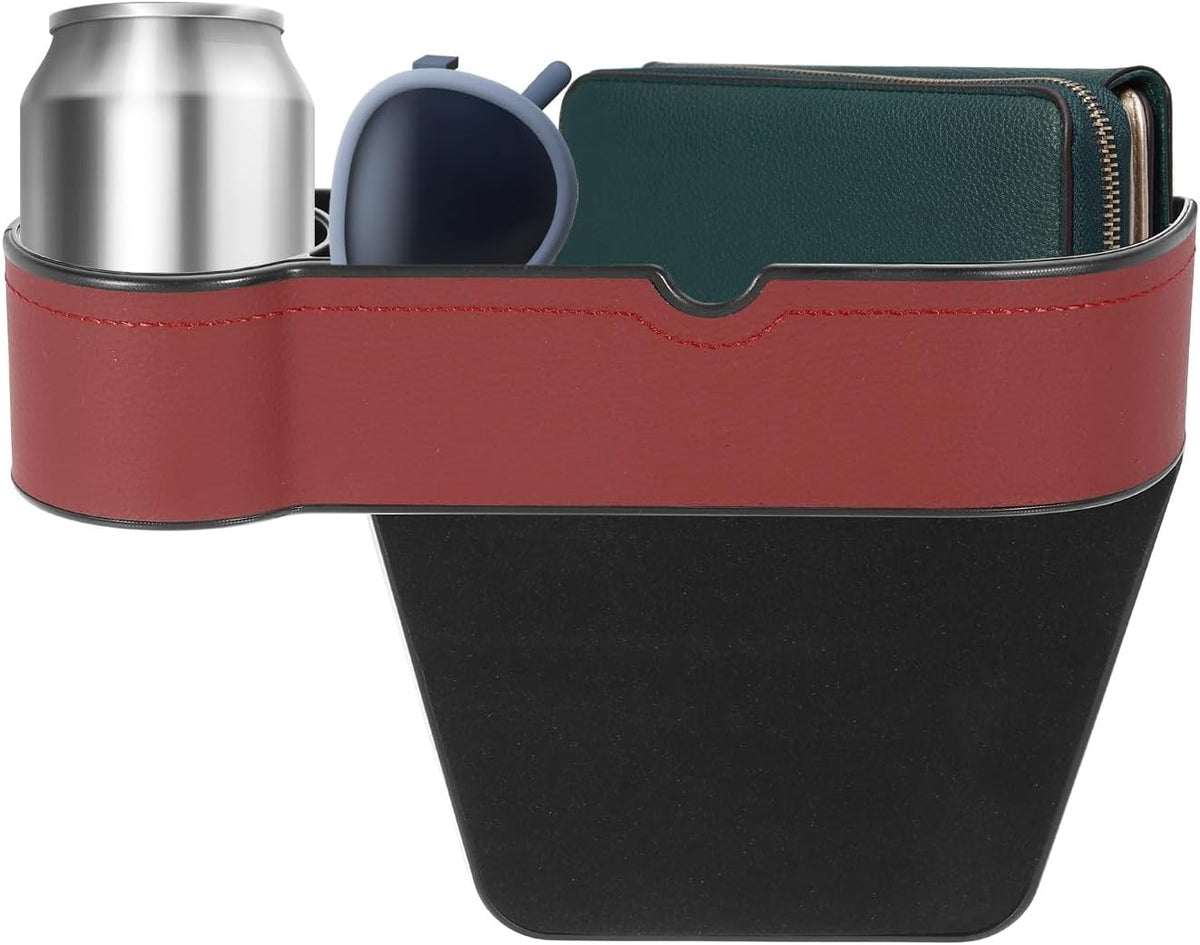 HARFINGTON Car Seat Gap Filler Organizer 10.6 x 7.1 x 2.8 Inch ABS+Leather Universal Car Organizer Storage Box Between Seat and Console (Left) with Cup Holders for Phone Keys, Wine Red