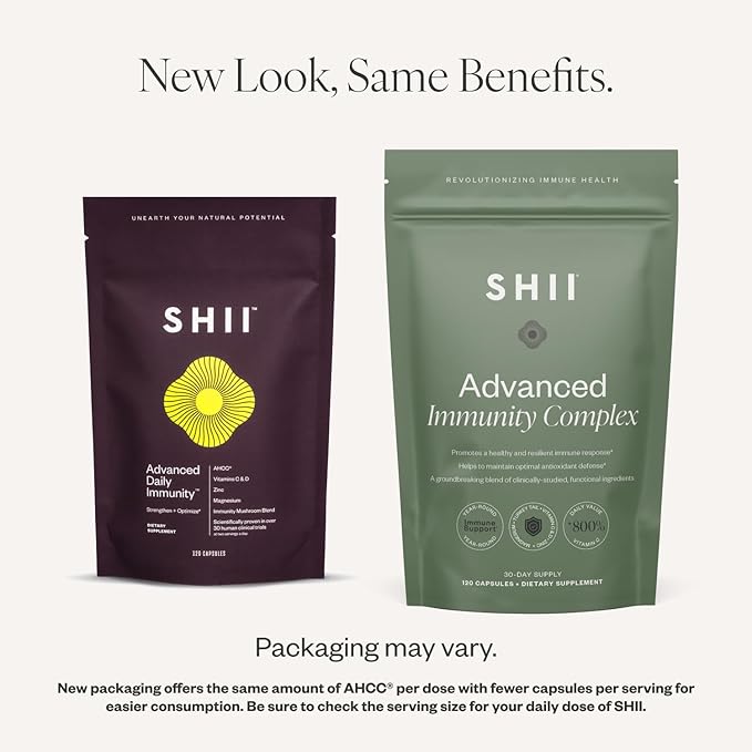 SHII Advanced Daily Immune Support Supplement, 500mg AHCC per Serving, AHCC Supplement with Vitamin D3, Vitamin C, and Zinc, Vegan, Gluten Free, Sugar Free, 120 Mushroom Capsules