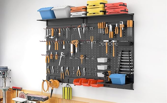 WALMANN 113 PCS Pegboard Wall Organizer Kit with Pegboard Hooks, Bins, Shelves, Pegboard Tools Storage System for Garage, Workbench, Modular Peg Board Tool Organizer Board with Hooks(Black)