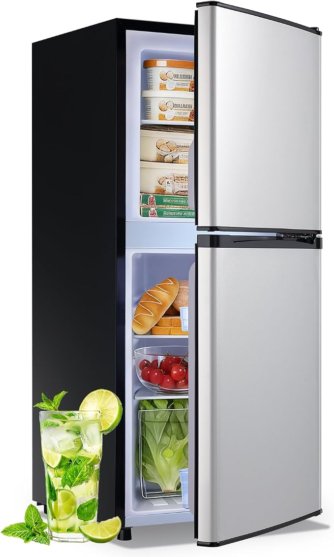 DEMULELR 3.9Cu.ft Refrigerator with Freezer Black Two Door Fridge with Crisper Drawer & Extra Drink Space, LED Light, Full-Size Fridge for Dorm Office 17.5"D x 17"W x 40"H，Silver