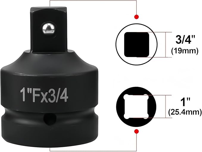 1" Drive (Female) x 3/4" (Male) Impact Socket Reducer, CR-MO Steel, Compatible with Air Impact Wrenches, Breaker Bars, Ratchets