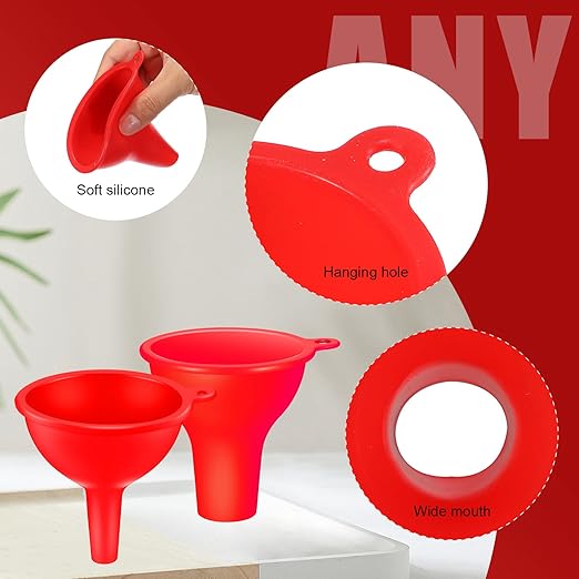 Silicone Funnels 4 Pieces Wide Mouth Funnel Small and Large Flexible Condiment Sauce Canning Set for Squeeze Bottles Jars Cans, Spice Filling Bottles Liquid Oil and Powder(Red)