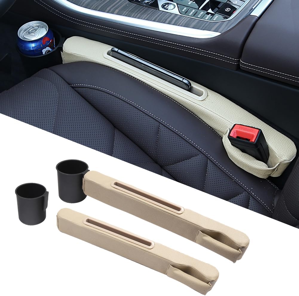 Advanced 3in1 Car Seat Gap Filler with Pocket Organizer and Removable Cupholder,Console Side Pocket Organizer,Car Seat Gap Pad for Cellphone Coin Key,Stopper and Blocker,PU Leather,2 Packs
