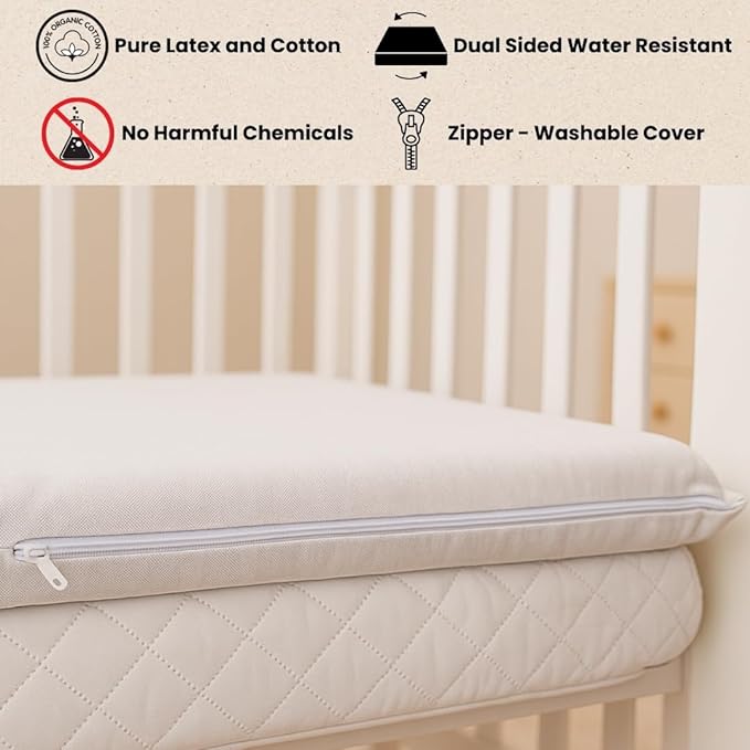 ORGANIC TEXTILES Organic Baby Mattress Topper with Water Resistant Removable Cotton Cover - GOLS/GOTS Certified - Breathable - 2" Standard (52"x28")