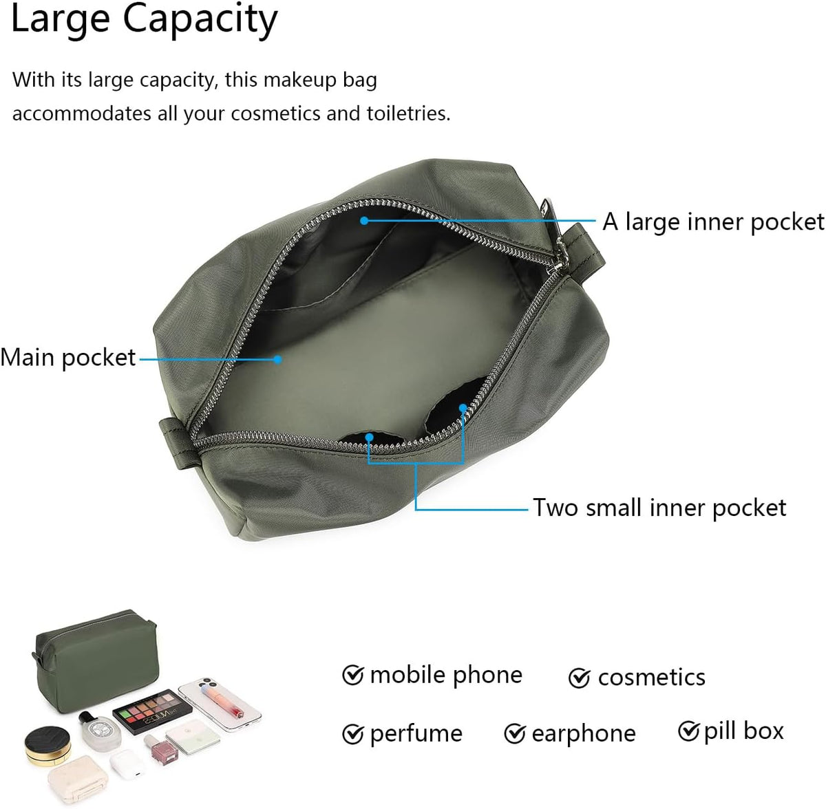 Travel Makeup Bag, Ring Clasp Wristlet Organizer (Army Green)
