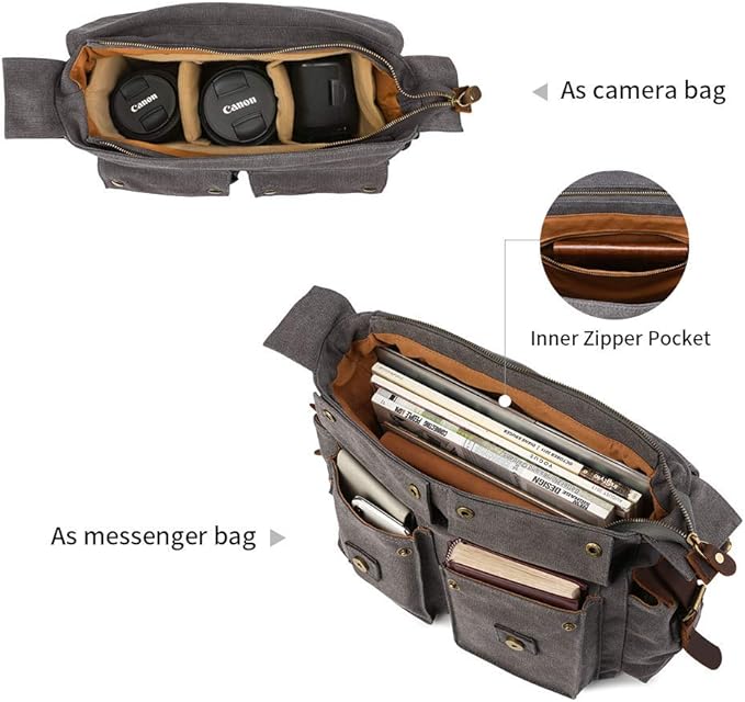 Kattee Leather Canvas Camera Bag Vintage DSLR SLR Messenger Shoulder Bag