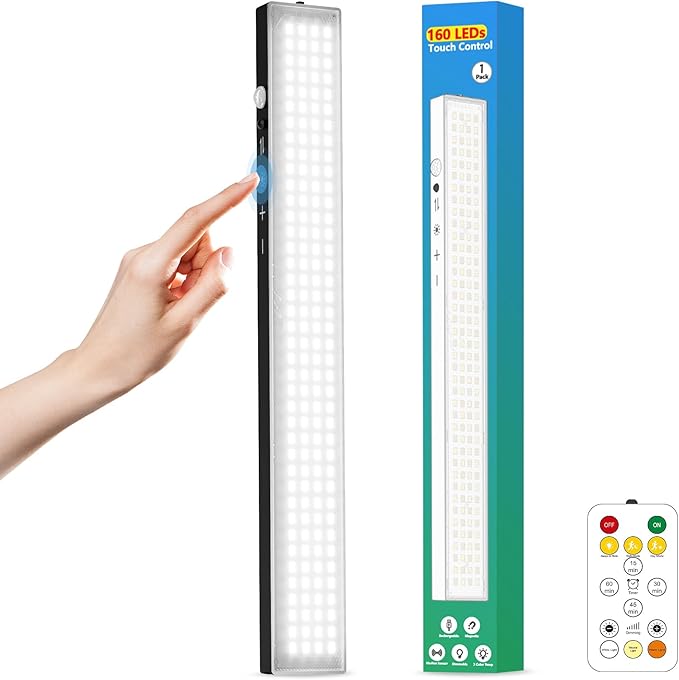 1Pack Touch Control Under Cabinet Lighting, 160LED Super Bright, 4000mAh Long-Lasting, Magnetic Rechargeable Motion Sensor Under Counter Lights for Kitchen, Closet, Remote, Dimmable, 3CC丨Black