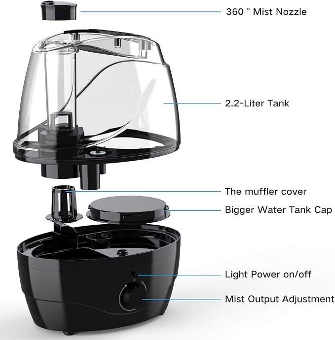 Humidifiers for Bedroom and Large Room, 2.2L Cool Mist Humidifier for Baby, 30 Hours with Whisper-Quiet Operation, Adjustable 360° Rotation Nozzle, Night Light Function, BPA Free