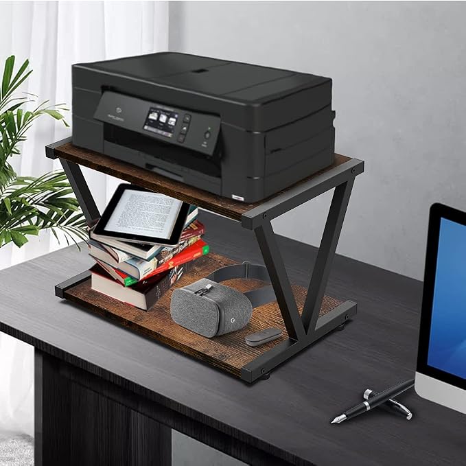 VEDECASA Retro Desktop Printer Stand 2 Tiers Under Desk Wood Printer Shelf