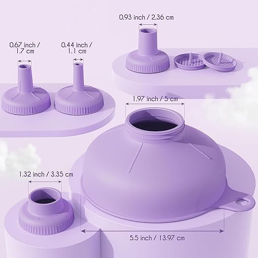 Pisol Wide Mouth Versatile Funnel, Canning Funnels for Kitchen Use, Food Grade Plastic Cooking Funnel Set with 4 Size Spouts and 2 Strainers for Filling Different Bottles and Bags, Purple