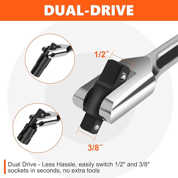 Breaker Bar 3/8" & 1/2" Dual Drive, 16-Inch Length, Heavy Duty Breaker Bar with 360° Flex Head, CR-MO Steel