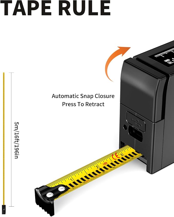 Laser Tape Measure 3-in-1, 196ft/60m Laser Distance Meter, 16ft/5m Digital Tape