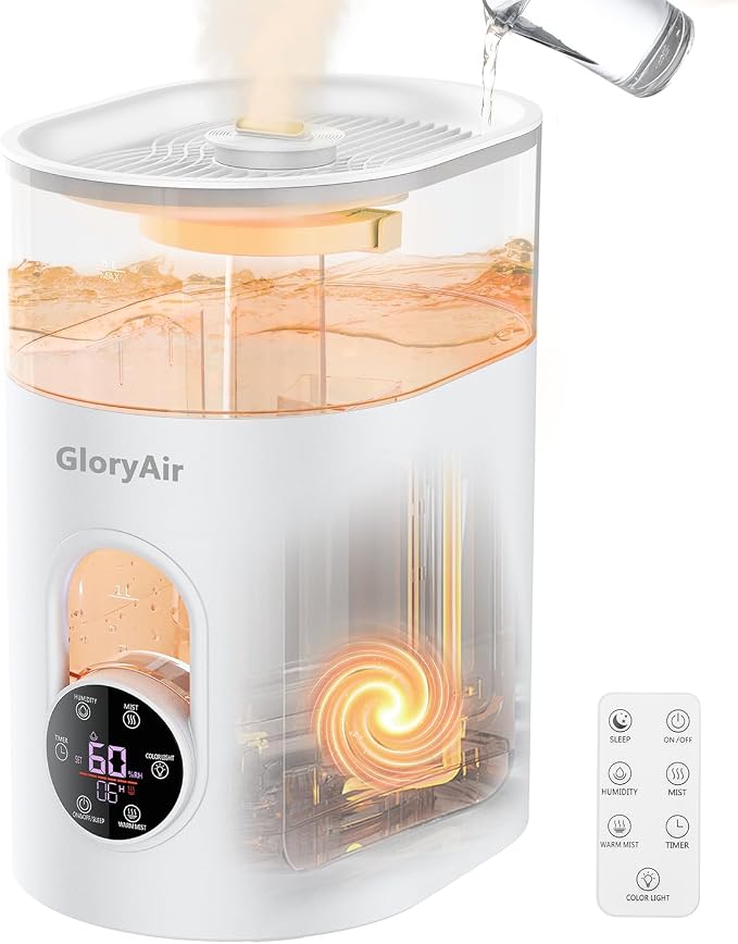 Humidifiers for Bedroom Large Room Home - GloryAir 6L Quiet Top Fill Cool & Warm Mist Humidifier with Smart Humidity Control, Remote Control, 7-Color Light, Humidistat, Oil Diffuser