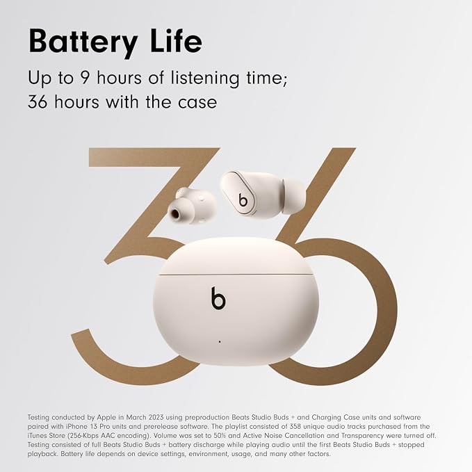 Beats Studio Buds + | True Wireless Noise Cancelling Earbuds, Enhanced Apple & Android Compatibility, Built-in Microphone, Sweat Resistant Bluetooth Headphones, Spatial Audio - Ivory | Noise cancellation and audio playback with 2 drivers, microphone an...