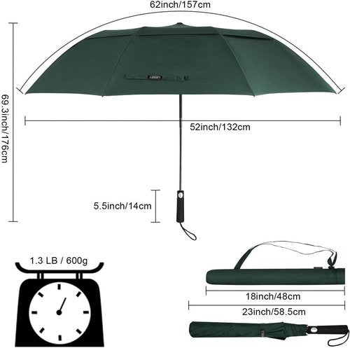 G4Free 62-Inch Portable Golf Umbrella - Large Windproof & Waterproof Double Canopy | Dark Green