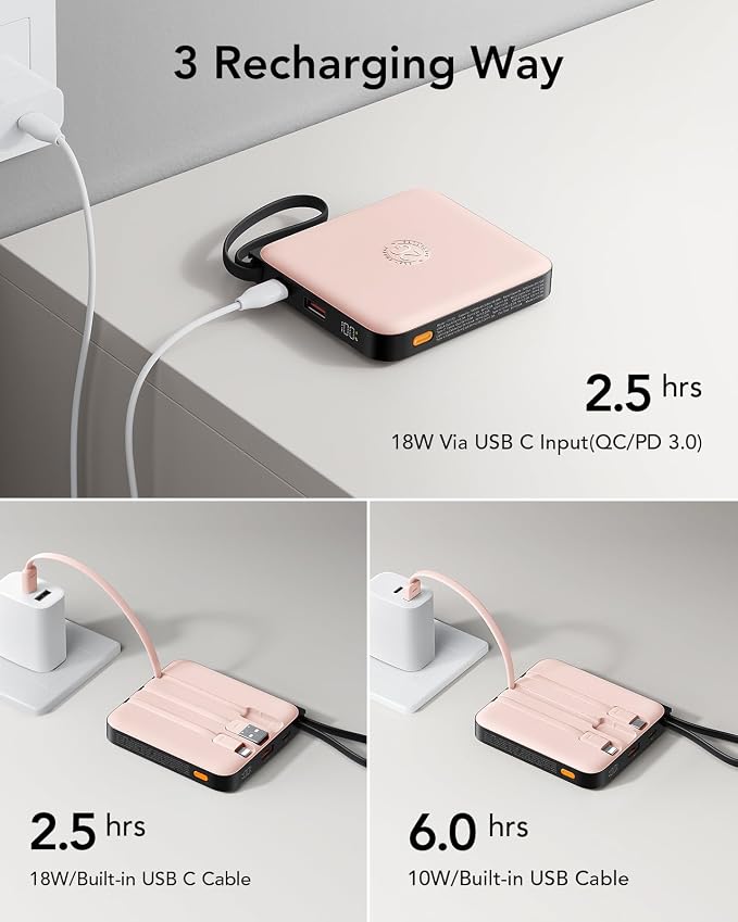 VRURC Portable Charger for iPhone Built-in Cables, 22.5W USB C Fast Charging 10000mAh Pocket Power Bank, Battery Pack for iPhone 17 16 & Samsung Galaxy S26 S25 etc Android, Pink(1 Pack)