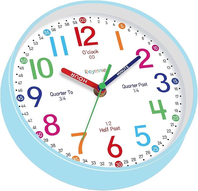 Roymnie Wall Clock 8 Inch for Kids Learning to Tell Time Easily Non Ticking