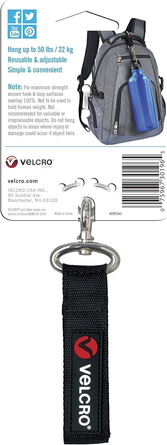 VELCRO Brand Easy Hang Strap - Carabiner Clip for Water Bottles & Accessories | Extra Small, Black