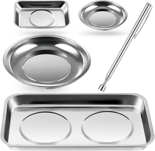Geiserailie 4 pcs Magnetic Tray with Magnetic Pin Screw Bolt Holder Round Magnet Parts Bowl Stainless Steel Pickup Tool Tray for Mechanic's