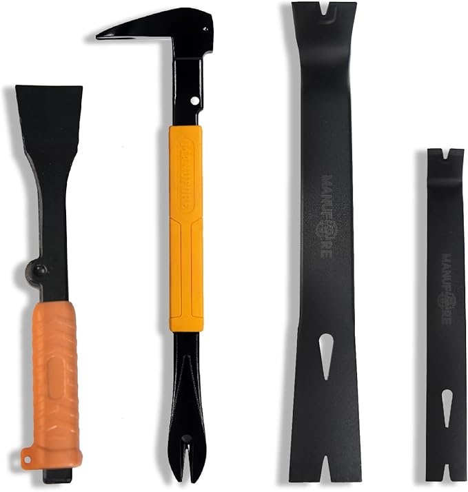 MANUFORE 4pcs Pry Bar Nail Puller Set, 12” Flat Pry Bar, 7.5” Flat Pry Bar, 12” Crow Bar with Hammer, 9” Chisel (Orange)