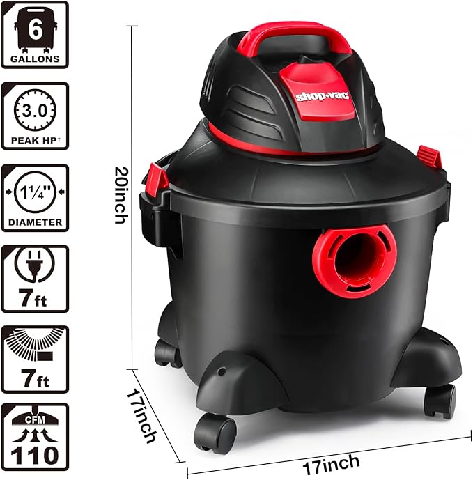 Shop-Vac 6 Gallon 3.0 Peak HP Wet Dry Vacuum, Heavy-Duty Shop Vacuum with Attachments, 5920611