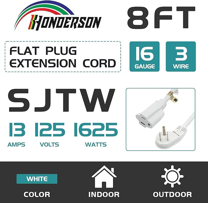 Flat Plug Indoor Extension Cord, UL Certified, 16 Gauge 8FT White 3 Prong Heavy Duty, 16/3 SJTW 13A Power Cord for Lights, Appliances, Home