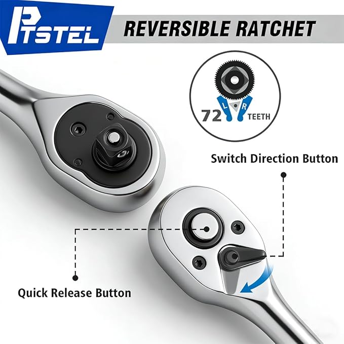 14 Pieces Socket Wrench Kit, 1/4” Drive Socket Set with 72 Teeth Release Ratchet Wrench and Extension Bar, CR-V Sockets