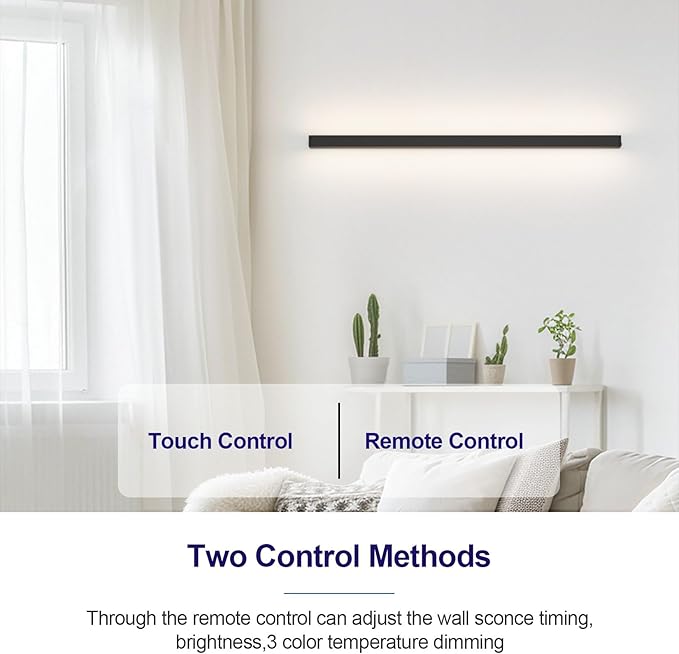 Aipsun Rechargeable Battery Operated Wall Sconce,9000mAh Black Wall Sconces 3000K-6000K LED Wireless Wall Light for Bedroom, Hallway Living Room,31.5 Inch,Black(2 Packs)