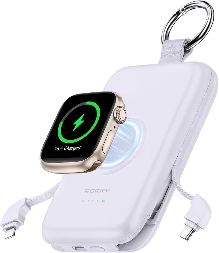 RORRY Portable Charger, 10000mAh PD 20W Fast Charging Portable Charger Power Bank with Built in Cables, Travel Battery Pack for iPhone and Apple Watch Ultra/11/10/9/8/7/6/5, Purple